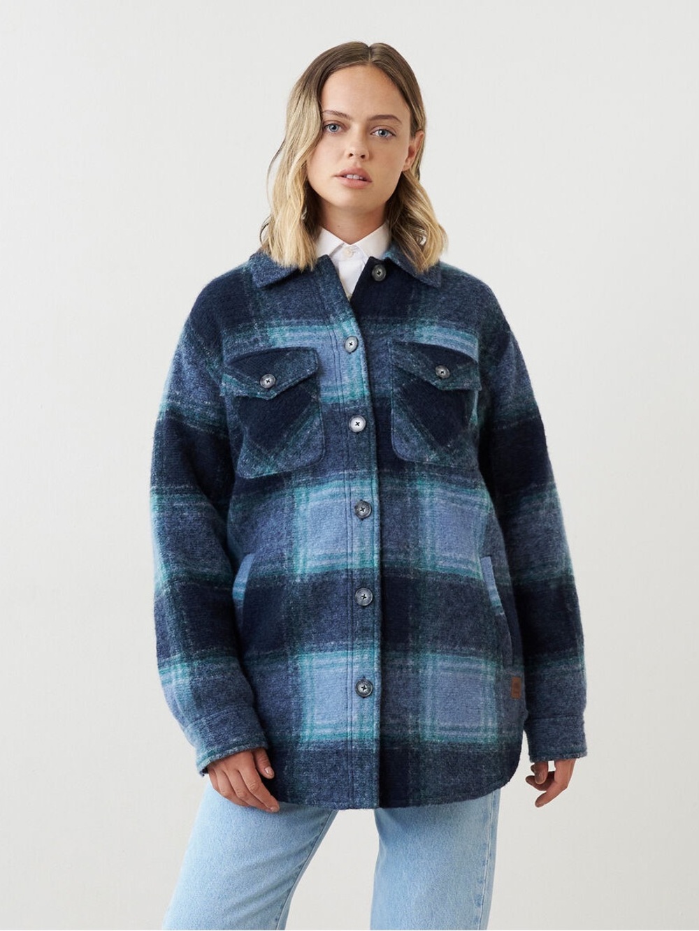 ROOTS | Blue & Green Plaid Wool-Blend Seymour Shacket Jacket | M